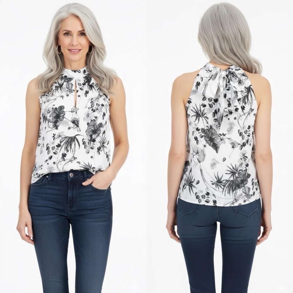 INC INTERNATIONAL CONCEPTS BLOUSE BLACK/WHITE TROPICAL FLOWY LARGE